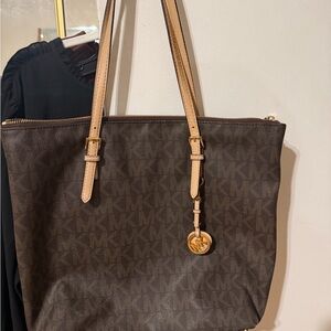 Michael Kors Dark Brown Signature Tote with Light Tan Straps